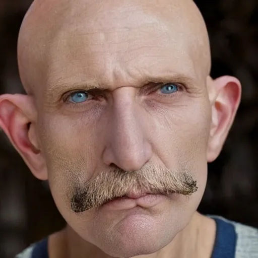 Prompt: tall bald man with blue eyes wrinkles strong jaw high cheekbones mustache small pointy nose no eyebrows large ears