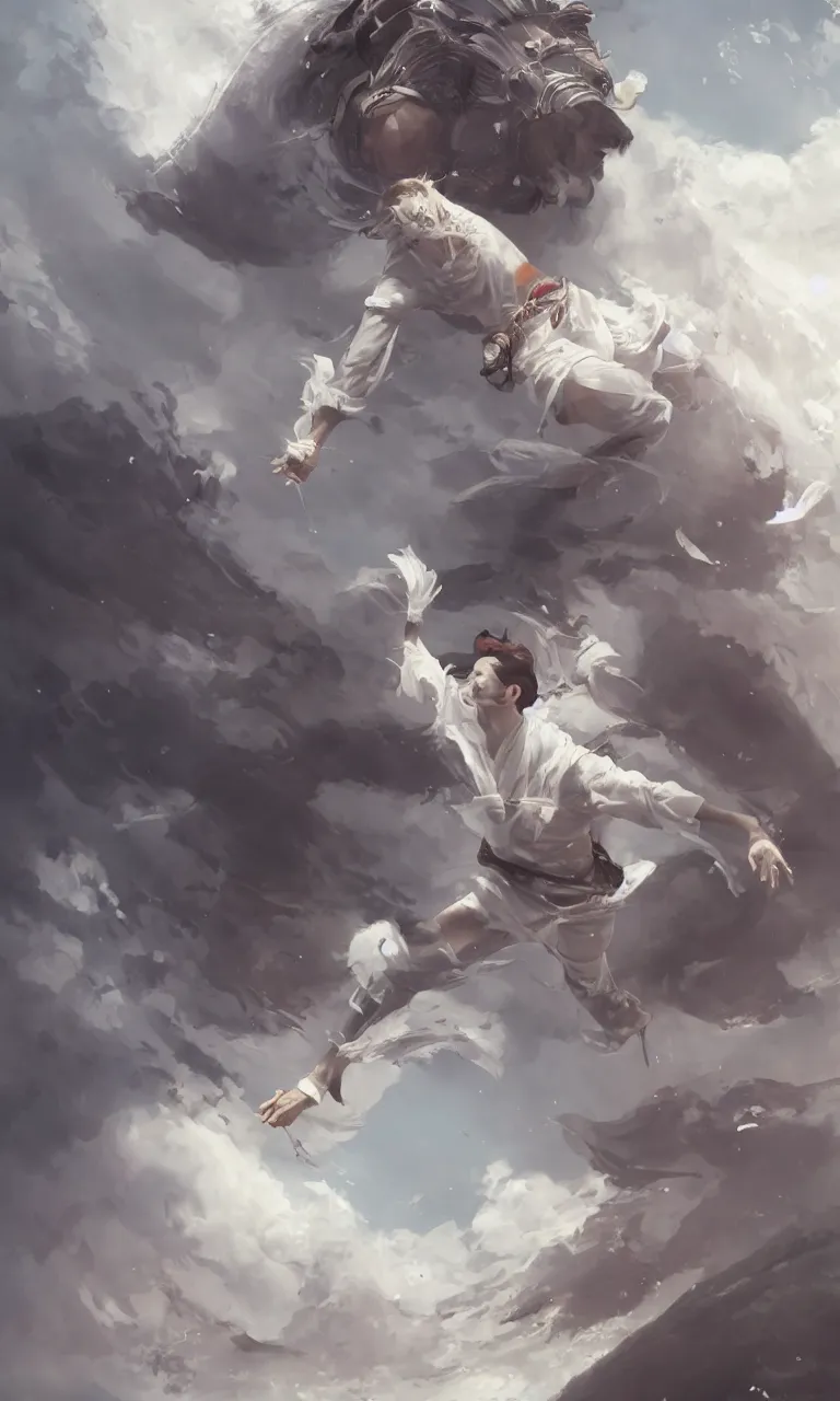 Prompt: a white dressed samurai, diving in the air rounded by jelly clouds made by Stanley Artgerm Lau, WLOP, Rossdraws, ArtStation, CGSociety, concept art, cgsociety, octane render, trending on artstation, artstationHD, artstationHQ, unreal engine, 4k, 8k