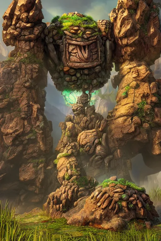 Image similar to zelda fantasy art giant golem troll wood rock greeble gemstone, global illumination ray tracing hdr fanart arstation by sung choi and eric pfeiffer and gabriel garza and casper konefal