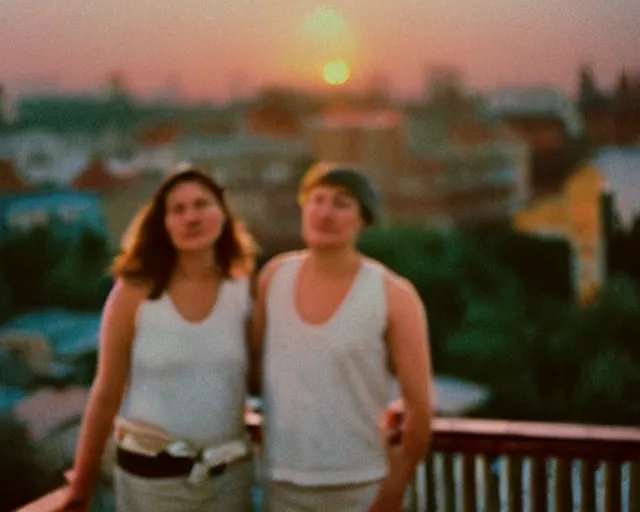 Image similar to lomo photo of pair standing on small hrushevka balcony full with cigarette smoke in small russian town at sunset, cinestill, bokeh