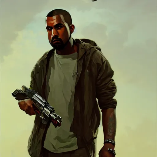 Image similar to highly detailed portrait kanye west holding pistol! gta v stephen bliss unreal engine fantasy art by greg rutkowski loish rhads ferdinand knab makoto shinkai lois van baarle ilya kuvshinov rossdraws tom bagshaw global illumination radiant light detailed intricate environment