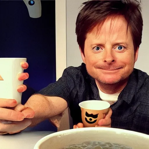 Image similar to Michael J Fox drinking holding mug with a poop emoji