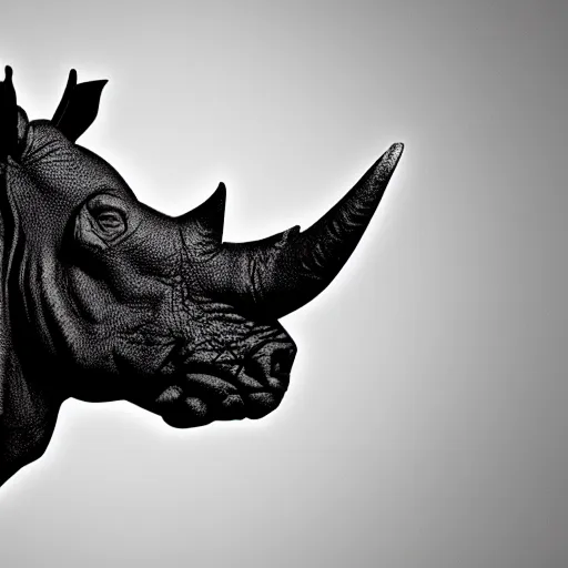 Image similar to rhino head made of black cast iron on a black background. gothic baroque. low poly. symmetry. epic. ominous shapes. hyper detailed.