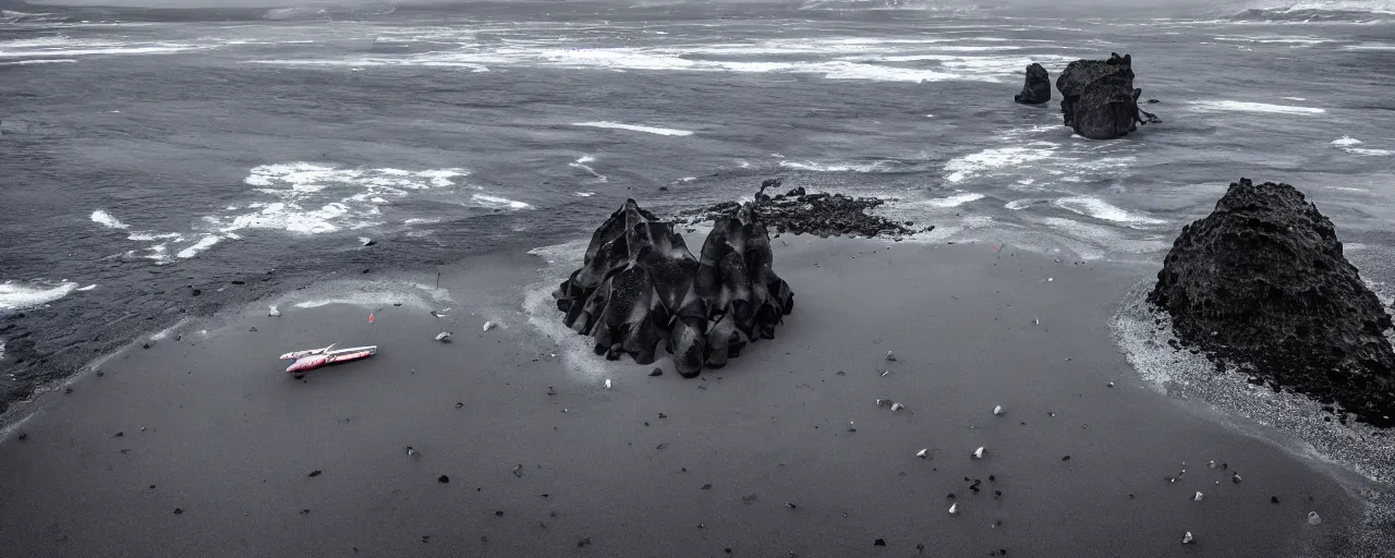 Image similar to cinematic shot of giant symmetrical futuristic military spacecraft in the middle of an endless black sand beach in iceland with icebergs in the distance,, 2 8 mm