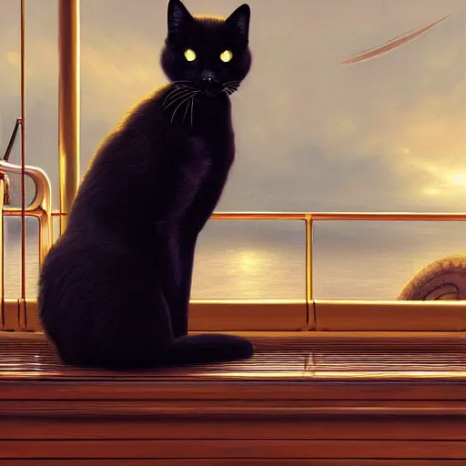 Image similar to beautiful black cat sitting on the deck of a fantasy ship, naval background, portrait, elegant, intricate, digital painting, artstation, concept art, smooth, sharp focus, illustration, art by artgerm and greg rutkowski and alphonse mucha