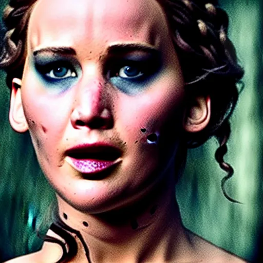 Image similar to jennifer lawrence as frankenstein's monster, color photography, sharp detail, still from the movie