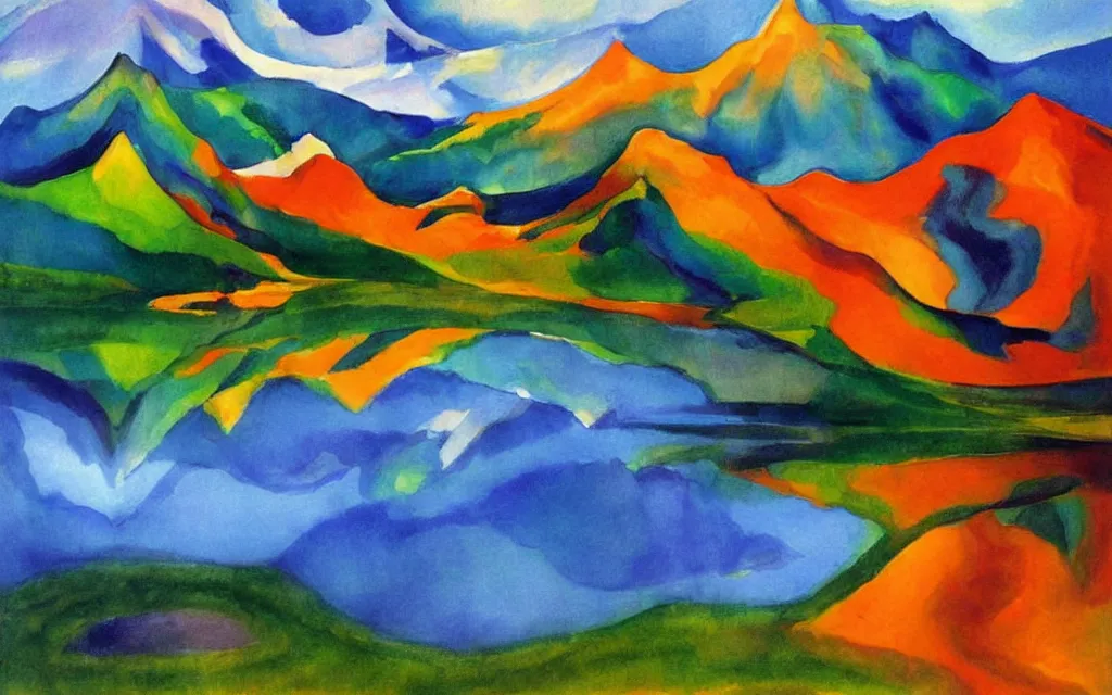 Image similar to the alps and reflection in a lake in the style of georgia o keeffe. colorful, wavy. painting.