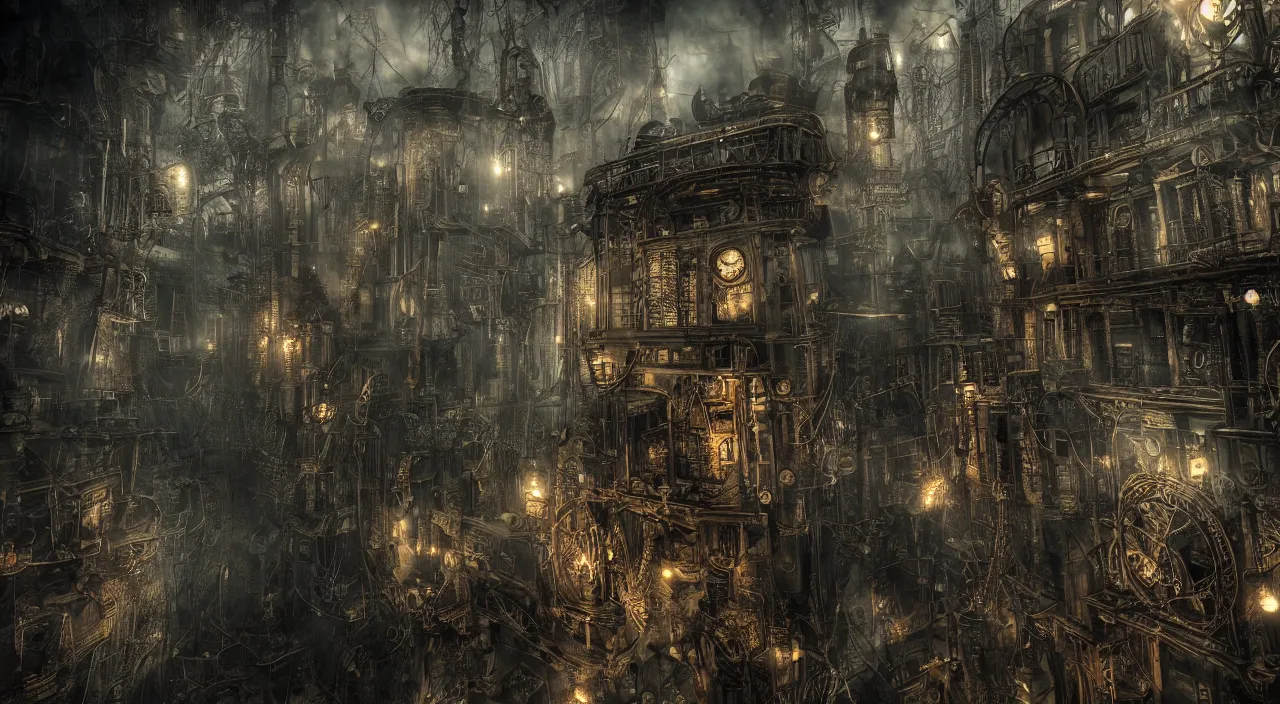 Image similar to steampunk matrix, stopped in time, atmospheric, ominous, eerie, cinematic, Epic, 8k, 4k, ultra detail, ultra realistic, 85mm lens