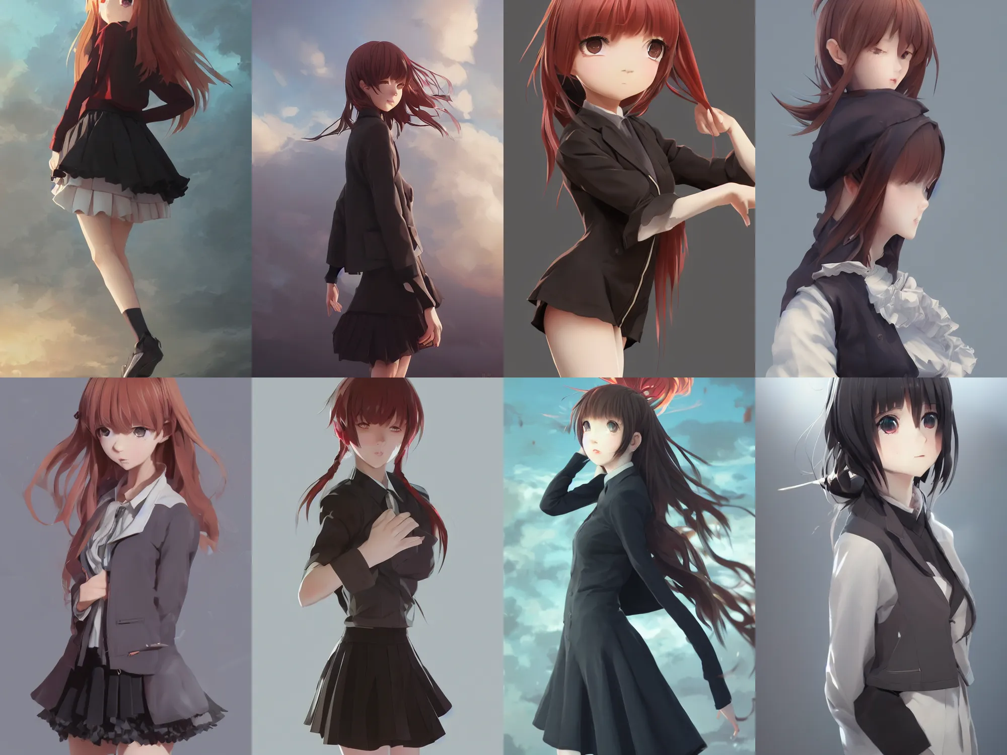 Prompt: Very complicated dynamic composition, photorealistic anime gentle style at Pixiv by WLOP, ilya kuvshinov, krenz cushart, Greg Rutkowski, trending on artstation. Zbrush sculpt colored, Octane render in Maya and Houdini VFX, young redhead girl in motion, wearing jacket and skirt, silky hair, black stunning deep eyes. Amazing textured brush strokes. Cinematic dramatic soft volumetric studio lighting
