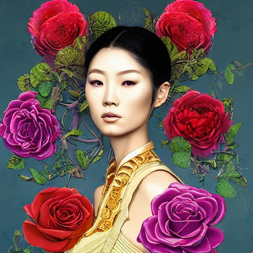 Prompt: the anatomy of a head of lettuce with roses that resemble a beautiful asian woman, an ultrafine detailed painting by james jean, intricate linework, bright colors, final fantasy, behance contest winner, vanitas, angular, altermodern, unreal engine 5 highly rendered, global illumination, radiant light, detailed and intricate environment