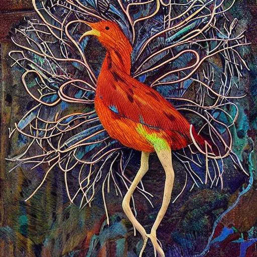 Image similar to by tibor nagy harrowing, haunting lovecraftian. a beautiful installation art of a bird in its natural habitat. the bird is shown in great detail, with its colorful plumage & intricate patterns. the background is a simple but detailed landscape, with trees, bushes, & a river.