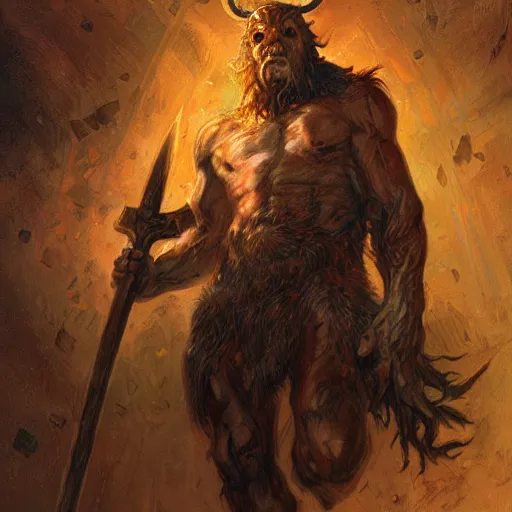 Image similar to huge smug minotaur wielding a great - axe, menacing aura, art by donato giancola and greg rutkowski, realistic face, digital art, trending on artstation