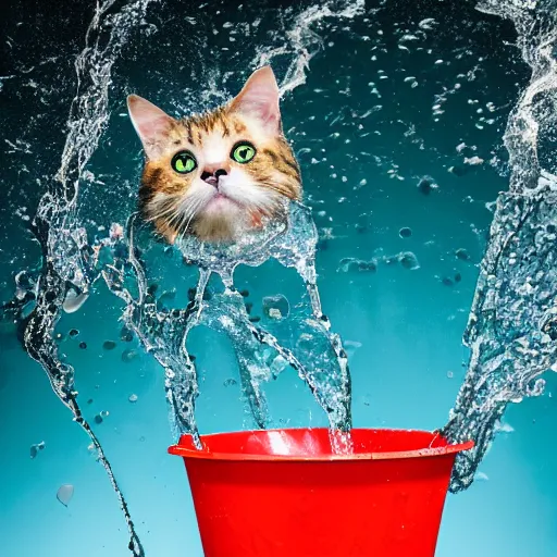 Prompt: a cat being thrown into a bucket of water, photography, chaotic,