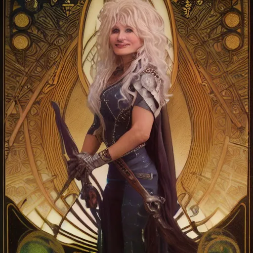 Image similar to an ultra detailed tarot card of teenage dolly parton as a necromancer, d & d, epic fantasy, concept art by alphonse mucha and greg rutkowski, octane render, 8 k, detailed face