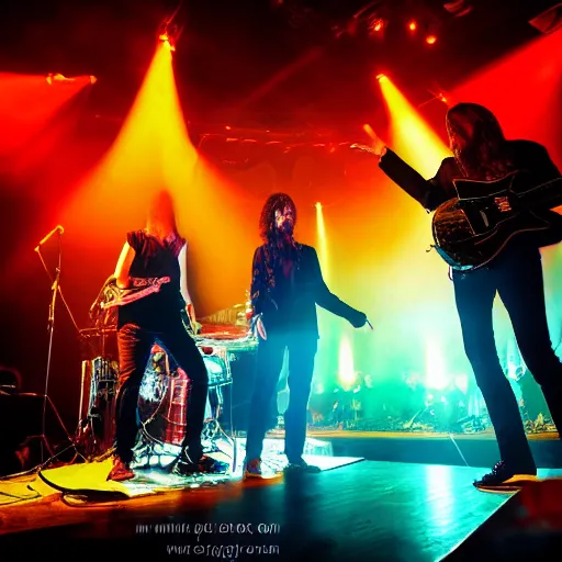 Image similar to New Age Psychedelic Rock band on stage, dramatic lighting, award winning professional music photography