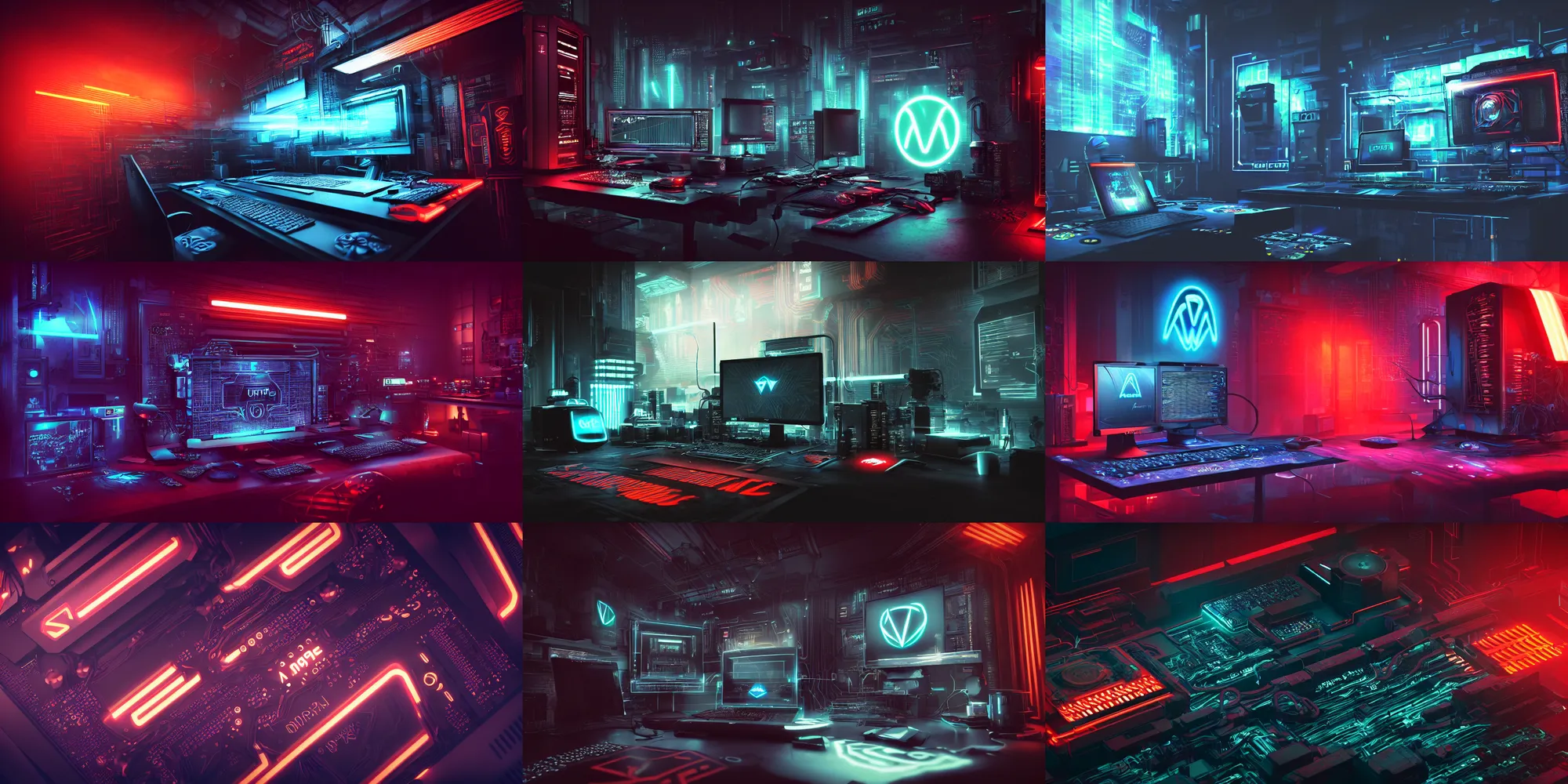 Prompt: a cyberpunk overpowered computer. Overclocking, watercooling, custom computer, cyber, mat black metal, orange neon stripes, alienware, futuristic design, Beautiful dramatic dark moody tones and lighting, Ultra realistic details, cinematic atmosphere, studio lighting, shadows, dark background, dimmed lights, industrial architecture, Octane render, realistic 3D, photorealistic rendering, 8K, 4K, computer setup, intricate details