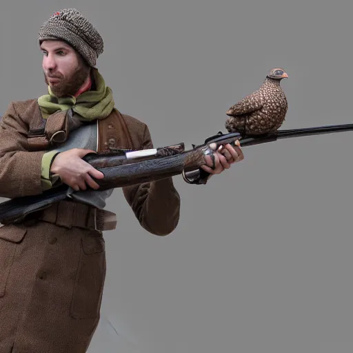 Image similar to a 3 d model of a grouse holding a blunderbuss, studio lighting, octane render, hyper detailed, product photography, 8 k, highly detailed