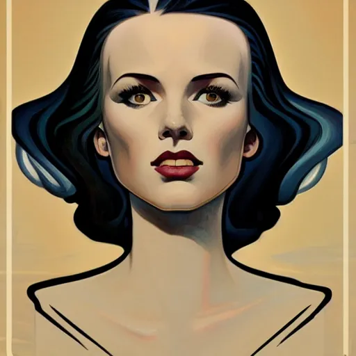 Image similar to a streamline moderne painting in the style of clyde caldwell, and in the style of charlie bowater, and in the style of alphonse mucha. symmetry, smooth, sharp focus, semi - realism, intricate detail.