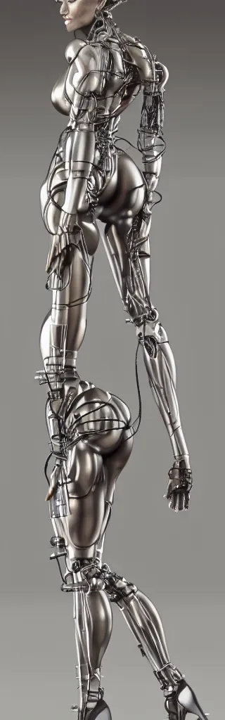 Image similar to beauty woman made of wires and tubes, very detailed, dramatic lighting, mechanical details, back facing, electrical details, high details, 4k, 8k, trending on artstation, by Hajime Sorayama and Boris Vallejo