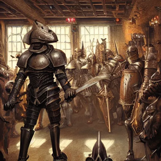 Image similar to knight bones armor, anthropomorphic shiba inu, in tavern, surrounded by knights, stuning 3 d render, masterpiece, glowing aura, by donato giancola and greg rutkowski and wayne barlow and zdzisław beksinski, realistic face