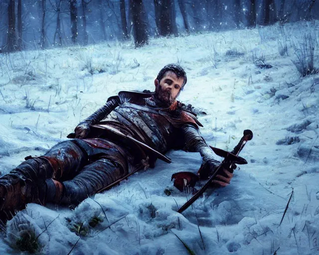 Image similar to Highly realistic oil painting of a wounded knight lying in the snow, surrounded by blue flowers, blood on flowers, by greg rutkowski, highly detailed, cinematic lighting, moody, dark