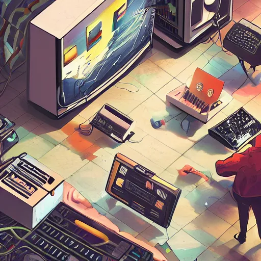 Image similar to aerial view of a guy in his bedroom surrounded by electronics computers food video games, faded effect, highly detailed, digital painting, artstation, concept art, soft light, sharp focus, illustration