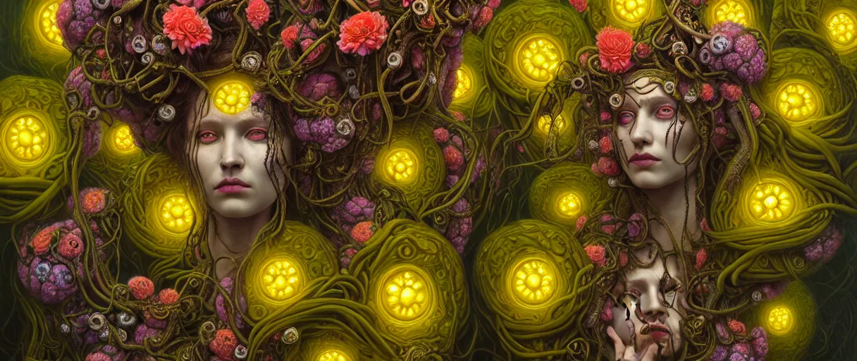 Image similar to hyperrealistic hyper detailed neo-surreal 35mm portrait of gothic cyborg medusa with multiple heads covered in flowers matte painting concept art hannah yata dali very dramatic yellow lighting low angle hd 8k sharp shallow depth of field