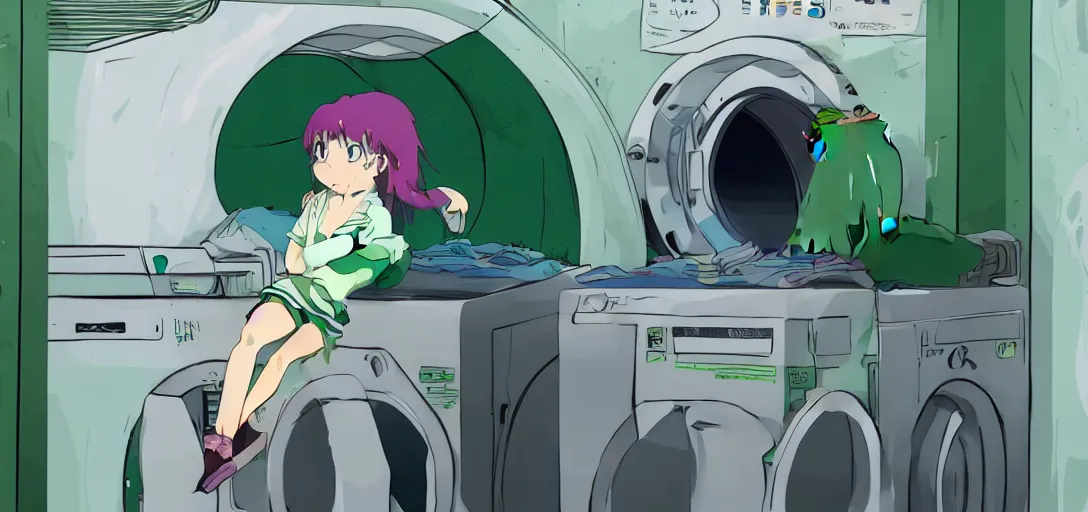 Image similar to a girl with green hair sitting on top of a washing machine inside of a laundromat by Hayao Miyazaki, anime style