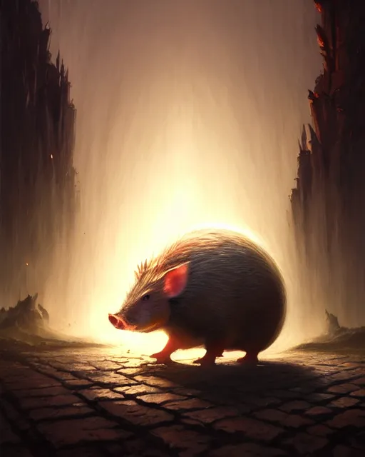 Image similar to Giant Hog scared of mouse, medium shot, fear, D&D, artstation, fantasy, magic the gathering artwork, cinematic lighting, centered, symmetrical, highly detailed, digital painting, , concept art, smooth, sharp focus, illustration, volumetric lighting, epic Composition, 8k, art by Akihiko Yoshida and Greg Rutkowski and Craig Mullins, oil painting, cgsociety