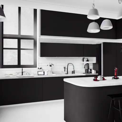 Prompt: photo of black, matte kitchen fronts surfaces and furniture, dark red walls at the back, white floor tiles on the ground, architecture, concept art