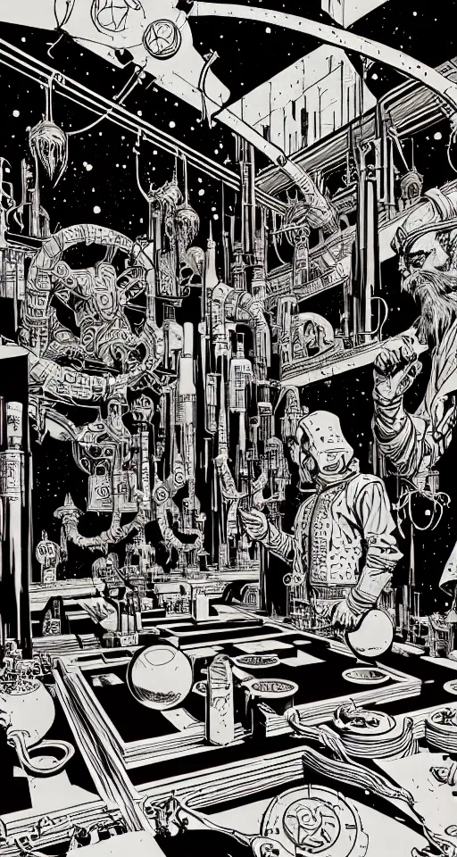 Image similar to ancient alchemist wizards laboratory, high details, lineart, by vincent di fate, inking, 3 color screen print, masterpiece, trending on artstation, sharp, high contrast, hyper - detailed, hd, 4 k, 8 k