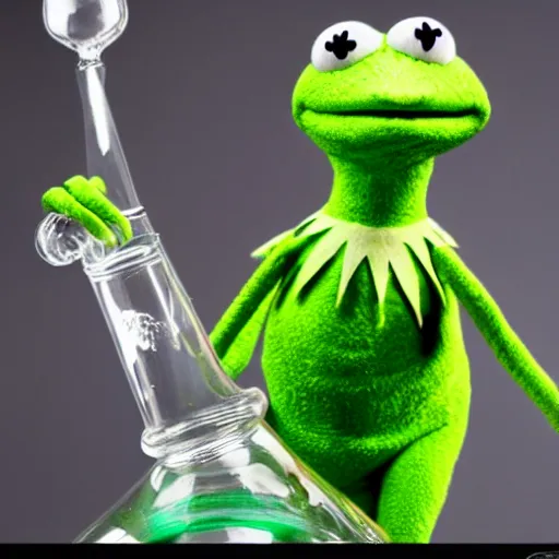 Prompt: famous glass blower - 35 mm - Kermit the Frog Bong - white background