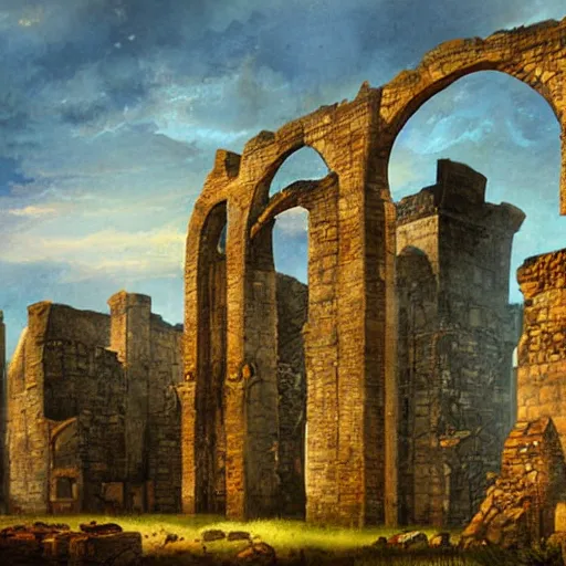 Prompt: Medieval megastructure in ruins, fantasy art