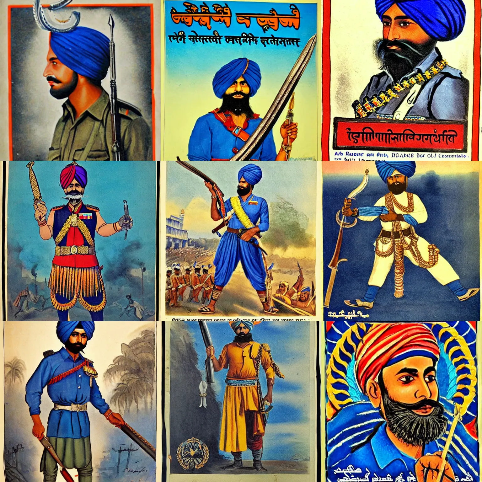 Prompt: jatt singh soldier wearing blue turban brandishing a talwar, propaganda poster