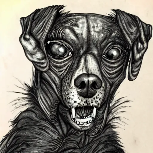 Image similar to a zombie dog in the style of H. R. Geiger, highly detailed, hyperrealistic