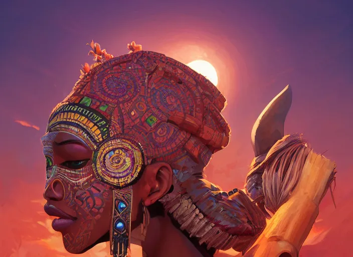 Image similar to highly detailed digital painting of tribal afrikan voodoo kemetic mask, 2 d game fanart behance hd by jesper ejsing, by rhads, makoto shinkai and lois van baarle, ilya kuvshinov, rossdraws, dramatic sunset, global illumination, radiant light, detailed and intricate environment