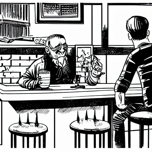 Prompt: An oldman, smoking, in a bar, Graphic Novel style , Wide Angle