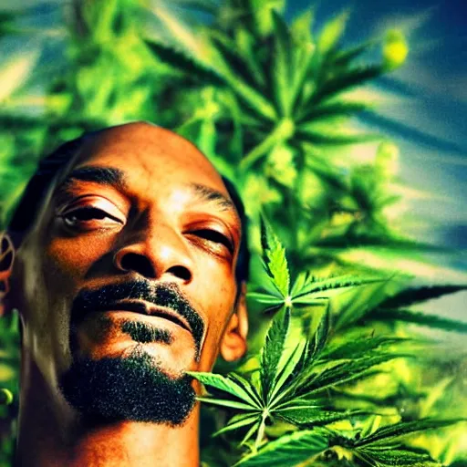 Image similar to Snoop Dogg in a marijuana field, cinematic lighting, award winning photography