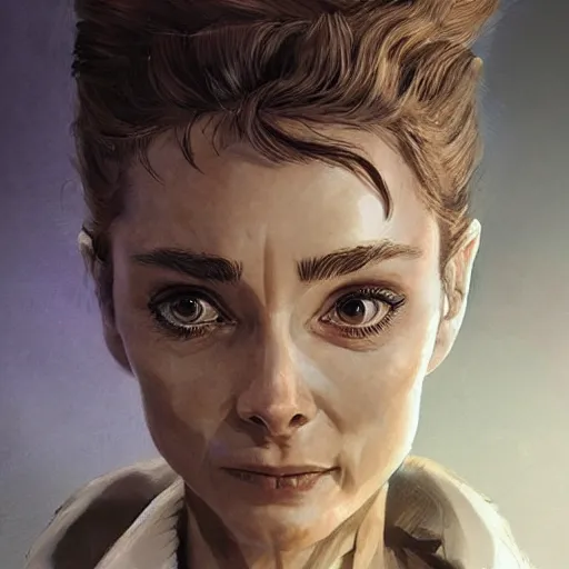 Image similar to a highly detailed epic cinematic concept art CG render digital painting artwork costume design: Audrey Hepburn as a mad scientist in a brown lab coat, with unkempt hair and crazy eyes. By Greg Rutkowski, Ilya Kuvshinov, WLOP, Stanley Artgerm Lau, Ruan Jia and Fenghua Zhong, trending on ArtStation, made in Maya, Blender and Photoshop, octane render, excellent composition, cinematic atmosphere, dynamic dramatic cinematic lighting, aesthetic, very inspirational, arthouse