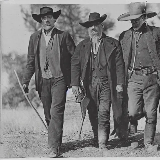 Image similar to a platinotype photo of three men from the old west going to an old burial ground to exhume it from a terrorizing creature which is terrorizing a tribe