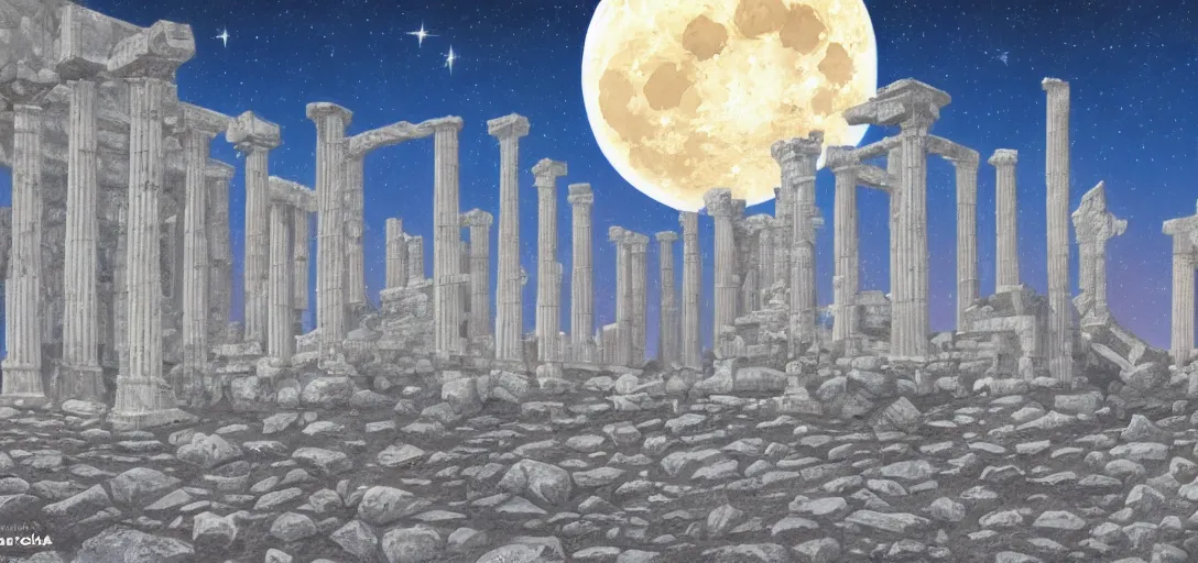 Image similar to The ruins of the Silver Millennium on the moon from Sailor Moon, digital painting, Earth in the distance, Greek-esque columns and ruins