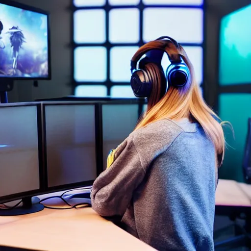 Prompt: beautiful gamer girl in a casual clothing sitting behind a compute desk with a headset on looking at the monitor, coloured hair, ultra - hd, hcl, volumetric lighting, detailed and intricate environment, trending on twitch