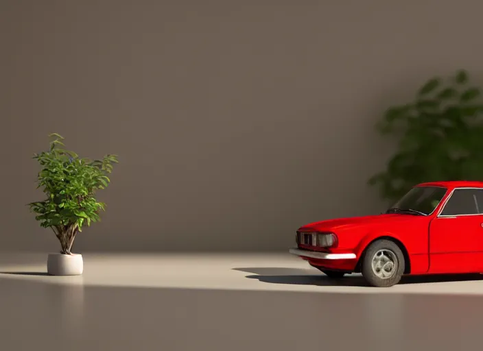 Image similar to a small miniature of a red Datsun 1200 on a white table near a book and a vase with a plant, 3d render, octane render, unreal engine 5, path tracing, serene landscape, calm, relaxing, beautiful landscape, highly detailed, high quality, 4k, symmetrical, low contrast