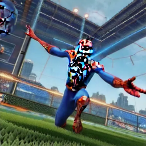 Prompt: spiderman is in rocket league, photo