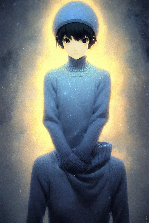 Prompt: portrait of the sapphire herald in an elegant winter sweater, by makoto shinkai, by akihiko yoshida, by zdzislaw beksinski, by dariusz zawadzki, artbook, tone mapped, deep blues, shiny, soft lighting