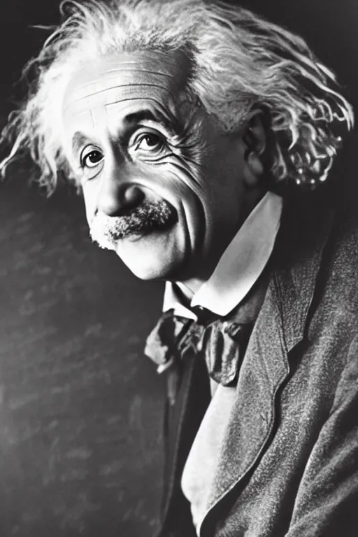 Prompt: professional photo of happy albert einstein on the background of the blackboard on which it is written e = mc 2, portrait,, ancient, realistic, detailed