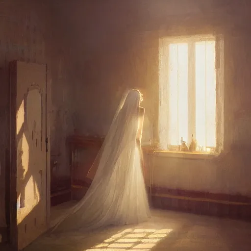 Image similar to A woman in a wedding dress, house interior, golden hour, by Greg Rutkowski