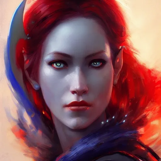 Prompt: A detailed matte oil on canvas portrait of a elven woman with blue red heterochomia and red hairs by greg rutkowski and Charlie bowater, trending on artstationhd, dungeons and dragons art