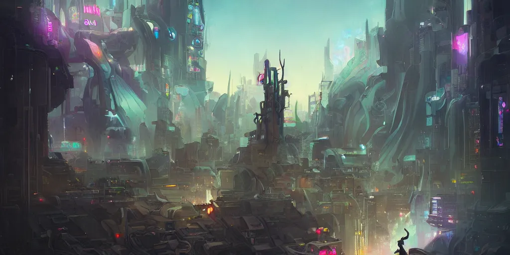 Image similar to unicorn in a futuristic cyberpunk town. By Peter Mohrbacher, highly detailed