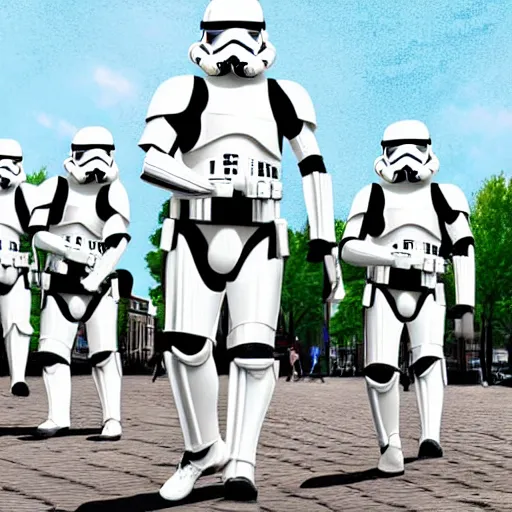 Image similar to stormtroopers walking in amsterdam, digital art